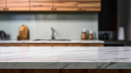 Empty marble countertop kitchen with copy space over kitchen background.for product display montage. AI generation.
