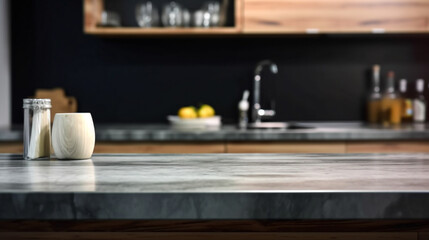 Empty marble countertop kitchen with copy space over kitchen background.for product display montage. AI generation.
