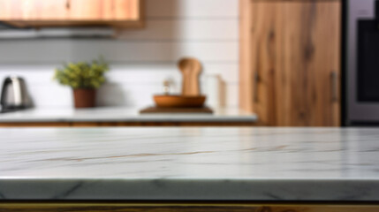 Empty marble countertop kitchen with copy space over kitchen background.for product display montage. AI generation.