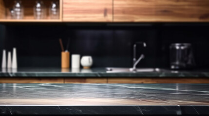 Empty marble countertop kitchen with copy space over kitchen background.for product display montage. AI generation.