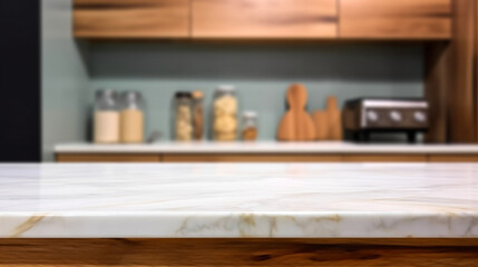 Empty marble countertop kitchen with copy space over kitchen background.for product display montage. AI generation.