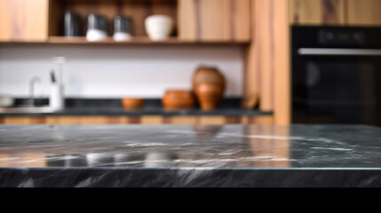 Empty marble countertop kitchen with copy space over kitchen background.for product display montage. AI generation.