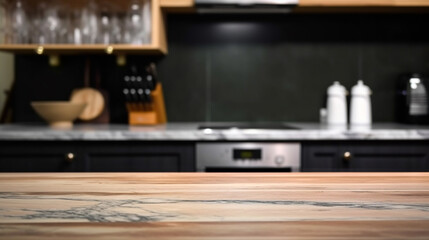 Empty marble countertop kitchen with copy space over kitchen background.for product display montage. AI generation.