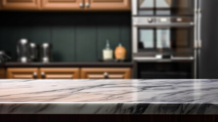Empty marble countertop kitchen with copy space over kitchen background.for product display montage. AI generation.