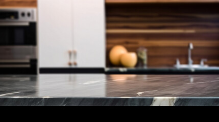 Empty marble countertop kitchen with copy space over kitchen background.for product display montage. AI generation.