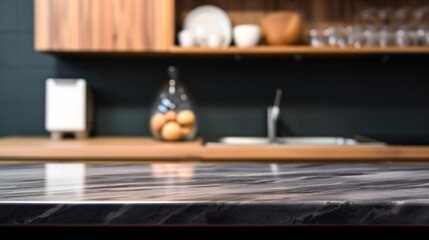 Empty marble countertop kitchen with copy space over kitchen background.for product display montage. AI generation.