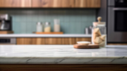 Empty marble countertop kitchen with copy space over kitchen background.for product display montage. AI generation.