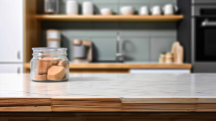 Empty marble countertop kitchen with copy space over kitchen background.for product display montage. AI generation.