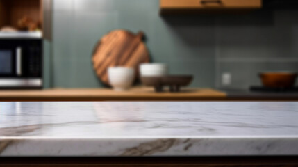 Empty marble countertop kitchen with copy space over kitchen background.for product display montage. AI generation.