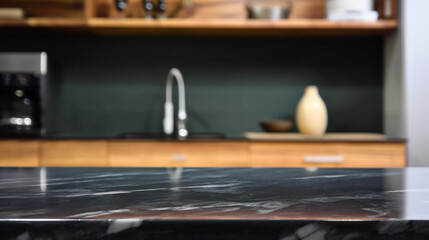 Empty marble countertop kitchen with copy space over kitchen background.for product display montage. AI generation.