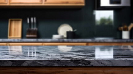 Empty marble countertop kitchen with copy space over kitchen background.for product display montage. AI generation.