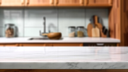 Empty marble countertop kitchen with copy space over kitchen background.for product display montage. AI generation.