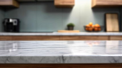 Empty marble countertop kitchen with copy space over kitchen background.for product display montage. AI generation.