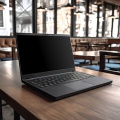 Laptop with blank screen on table