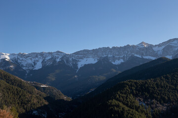 Sunset in some snowy mountains surrounded by pine forests