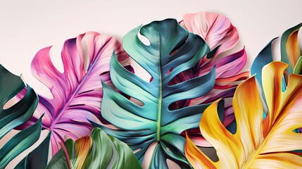 Tropical leaves in various colors on white space background. Abstract monstera leaf decoration design. ai generative.