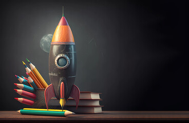 school. Pencils and rocket on the blackboard. Banner. Generative AI