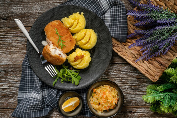 Fried cod fillet served.