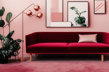 A Crimson Couch Coffee Table Potted Plant Vertical Blank Poster