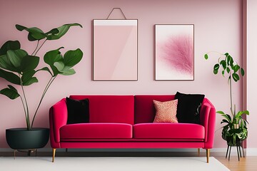 A Crimson Couch Coffee Table Potted Plant Vertical Blank Poster