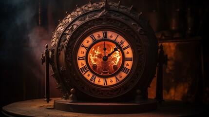 Obraz premium A fire clock with a circular face and a roaring fire in the center, with intricate flames that indicate the time. Generative AI