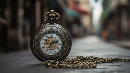 A mechanical pocket watch with a brass chain and an intricately carved casing, set against a backdrop of a busy Victorian street. Generative AI