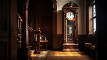 A classic grandfather clock with a wooden casing and a pendulum that swings back and forth, set against a backdrop of a grand staircase in a luxurious mansion. Generative AI