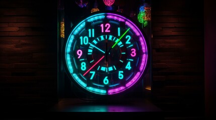 A colorful neon clock with glowing numbers and a sleek black casing, set against a backdrop of a trendy nightclub. Generative AI