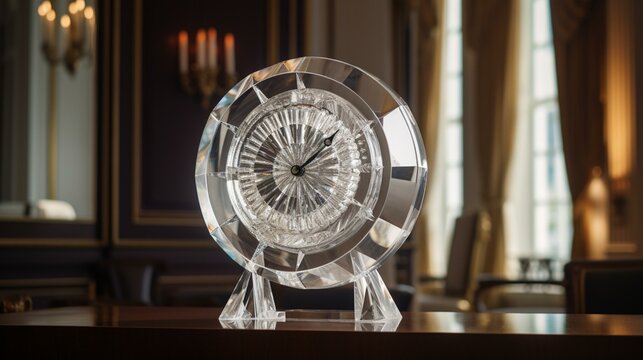 An elegant crystal clock with a faceted face that catches the light, set against a backdrop of a luxurious ballroom. Generative AI