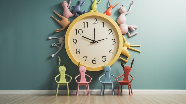 A playful cartoon clock with arms and legs that hop around, set against a backdrop of a cheerful children's playroom. Generative AI