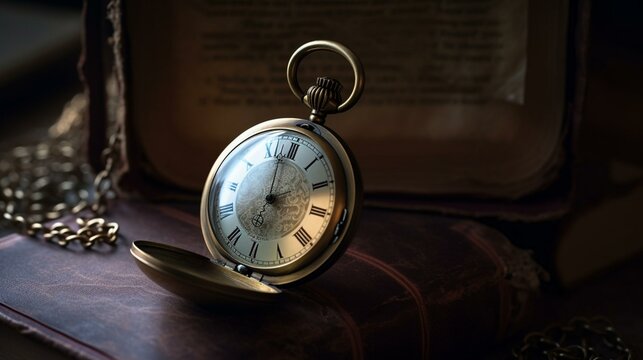 A vintage pocket watch with a leather strap and a brass casing, set against a backdrop of a dusty old bookshop. Generative AI