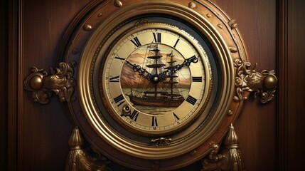 Fototapeta na wymiar An antique ship's clock with a brass casing and a nautical design, set against a backdrop of a sailing ship on the high seas. Generative AI