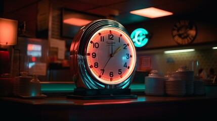 A vintage neon clock with colorful lights that flicker and change, set against a backdrop of a retro diner. Generative AI