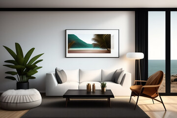 A living room with a picture of a beach on the wall. Generative Ai
