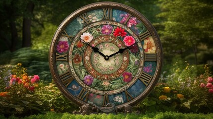 A colorful floral clock with a vibrant design and intricate details, set against a backdrop of a beautiful garden. Generative AI