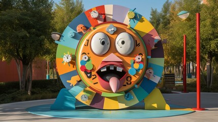 A playful cartoon clock with an animated face that changes expressions, set against a backdrop of a vibrant children's playground. Generative AI