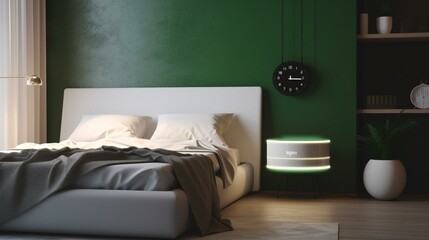 A modern alarm clock with a sleek white design and a glowing green display, set against a backdrop of a cozy bedroom. Generative AI