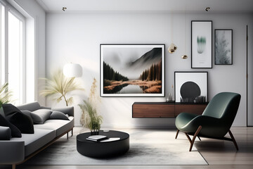 A living room with a sofa, a coffee table, a coffee table, and a picture of a forest. Generative Ai