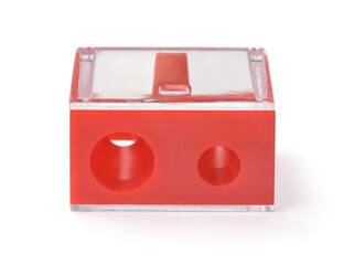 Front view of red dual makeup eye and lips pencil sharpener