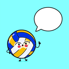 Cute funny volleyball with speech bubble. Vector hand drawn cartoon kawaii character illustration icon. Isolated on blue background. Volleyball ball character concept