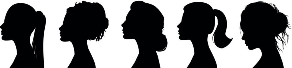 Obraz na płótnie Canvas set of several female silhouettes in profile. vector on isolated background. turn. number. diversity young women for poster or text. elegant background as well.