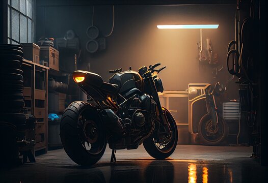 Generic motorcycle in dimly lit garage. Generative AI