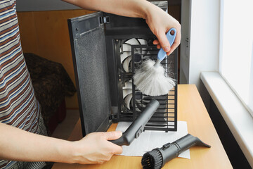 Dust removal with soft brush and absorption by suction cleaner, protective filter against dust