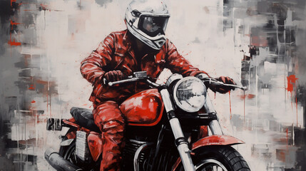 A painting of a red motorcyclist in a style of watercolors with an ink bleed effect, a motorcycle car painting - obrazy, fototapety, plakaty