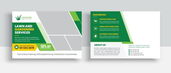Lawn Mower Garden or Landscaping Service Postcard Template. Eddm Postcard Design, Event Card Design, Direct Mail Template, Invitation Design. leaflet, grass, equipment, gardener