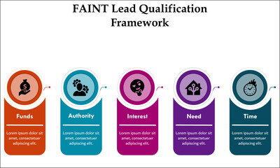 FAINT Lead Qualification Framework - Funds, Authority, Interest, Need, Time. Infographic template with icons and description placeholder