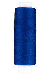Spool with blue thread for sewing, supply for sewing, isolated object on transparent or white background
