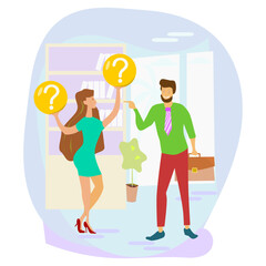 Fototapeta na wymiar Make choice, decision concept. Businessman doubts, decides, looks for the best solution, setting priorities. Questioned employee thinking, analyzing options. Modern vector illustration to use in your