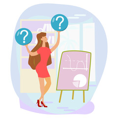 Make choice, decision concept. Businessman woman doubts, decides, looks for the best solution, 
setting priorities.
Modern vector illustration to use in your