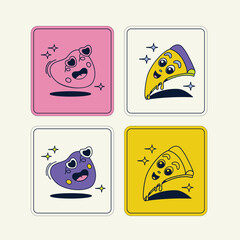 Cute cartoon characters with eyes. Bright comic style. Pizza, heart